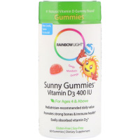 Rainbow Light, Sunny Gummies, витамин D3, терпкий мандарин и апельсин, для детей возрастом от 4 лет, 400 МЕ